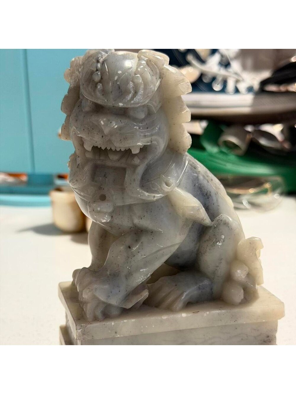 Vintage Hand-Carved Chinese White Marble Foo Dog Statue